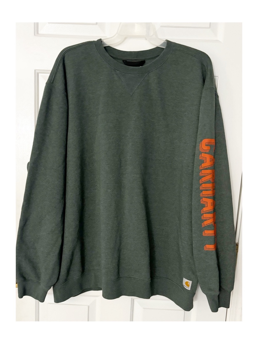 Carhartt Men's Thick Olive Crewneck Sweatshirt with Orange Logo Sleeve Sz 3XL